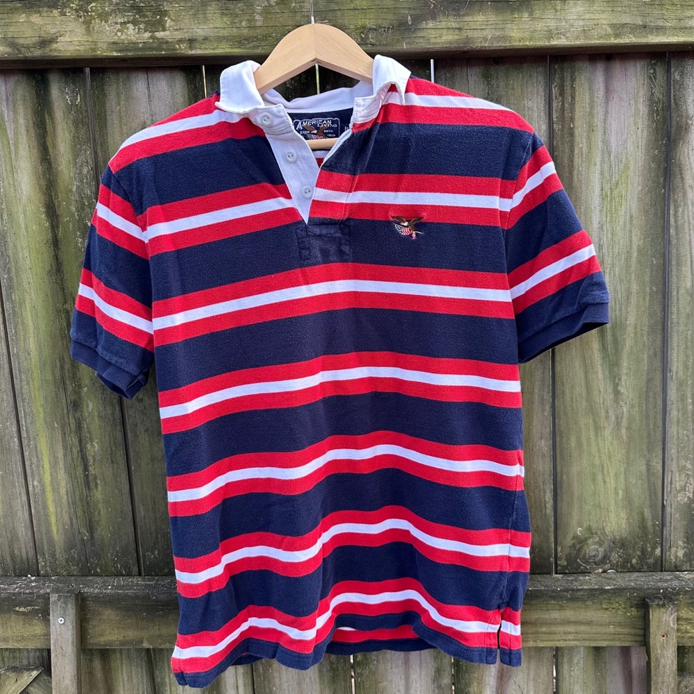 American Living Polo Shirt Red White Striped Eagle‎ Logo Short Sleeve Y2K Large